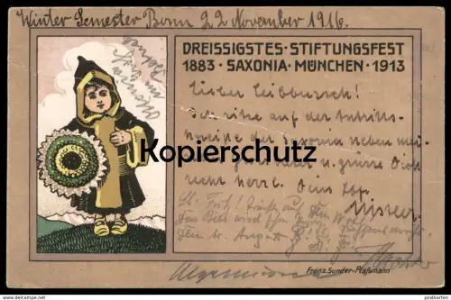 ALTE LITHO POSTKARTE MÜNCHEN SAXONIA STIFUNGSFEST MÜNCHNER KINDL STUDENTICA STUDENTIKA SIGN. FRANZ SUNDER-PLASSMANN AK