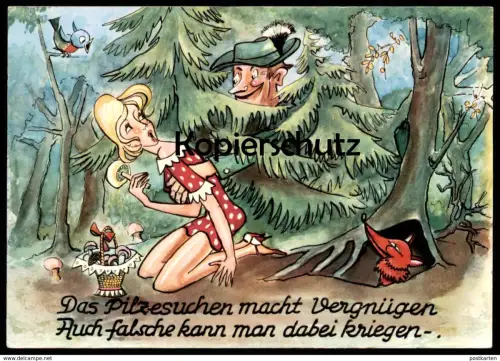 ÄLTERE POSTKARTE MÄDCHEN FRAU JÄGER Belästigung eroticism femme hunter Jagd chasseur Pilz Fuchs fox Ansichtskarte Iburg