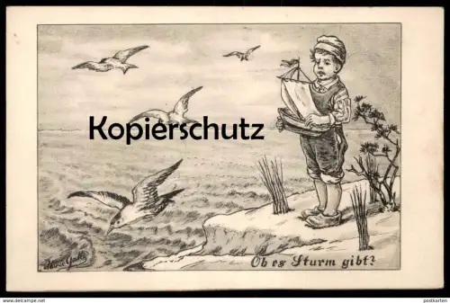 ALTE KÜNSTLER POSTKARTE KIND MEER MÖWEN OB ES STURM GIBT? MARIE GALLE child enfant storm Ansichtskarte postcard cpa AK