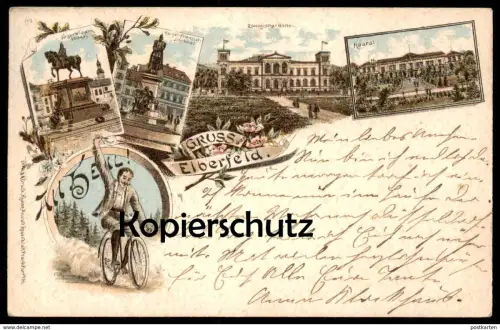 ALTE LITHO POSTKARTE GRUSS AUS ELBERFELD ALL HEIL RADFAHRER FAHRRAD ZOO HAARDT DENKMAL Ansichtskarte cpa postcard AK