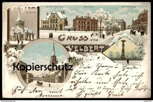 ALTE WINTER LITHO POSTKARTE GRUSS AUS VELBERT 1899 KIRCHSTRASSE POSTSTRASSE SCHLITTEN AMTSGERICHT KIRCHE Ansichtskarte