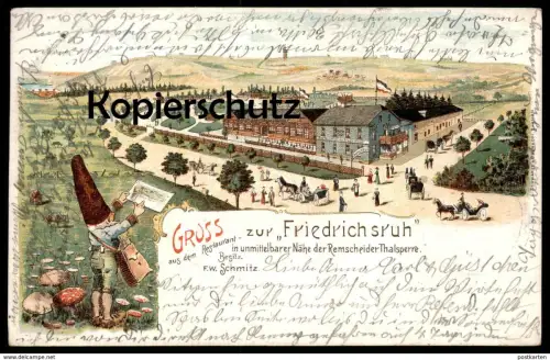 ALTE LITHO POSTKARTE GRUSS AUS DEM RESTAURANT FRIEDRICHSRUH NÄHE REMSCHEIDER THALSPERRE Talsperre Remscheid Zwerg dwarf