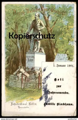ALTE LITHO POSTKARTE JAHN DENKMAL BERLIN HASENHAIDE DURCH REINHEIT ZUR TURNHEIT Turnvater Turnen Hasenheide Klockhaus AK