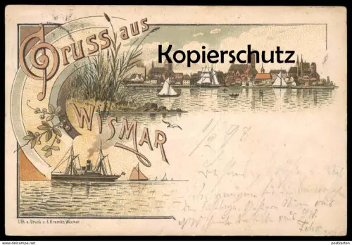 ALTE LITHO POSTKARTE GRUSS AUS WISMAR 1898 Hafen harbour Fischerboot fishing boat bateau de peche Ansichtskarte postcard