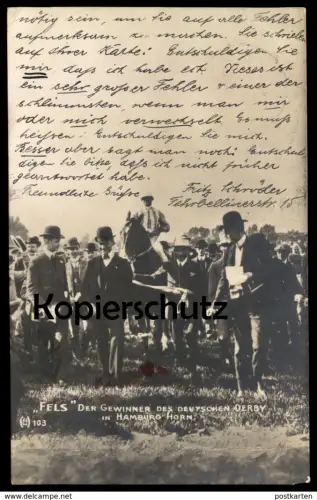 ALTE POSTKARTE HAMBURG HORN PFERD FELS GEWINNER DEUTSCHES DERBY PFERDERENNEN horse race course de chevaux Ansichtskarte