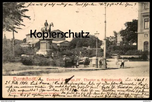 ALTE POSTKARTE DARMSTADT 1904 DENKMAL LUDWIG IV. THEATER UND SCHLOSSTERRASSE AK Ansichtskarte cpa postcard