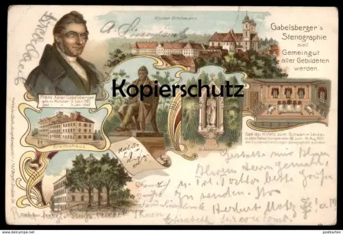 ALTE LITHO POSTKARTE FRANZ XAVER GABELSBERGER STENOGRAPHIE STENO ZUM SCHWAN LANDAU OTTOBEUREN Ansichtskarte postcard