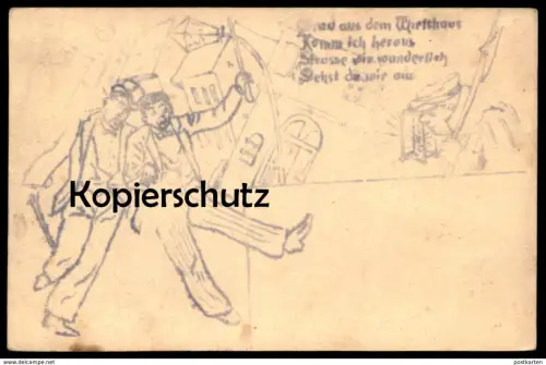 ALTE POSTKARTE ZEICHNUNG GRAD AUS DEM WIRTSHAUS KOMM ICH HERAUS STRASSE.. NACHTWÄCHTER ALKOHOL alcohol drunken Bier beer