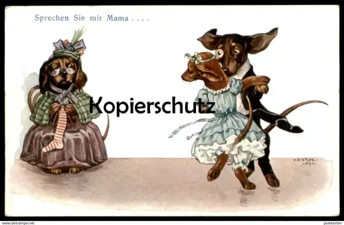 ALTE POSTKARTE DACKEL VERMENSCHLICHT SPRECHEN SIE MIT MAMA Hund Dachshund Teckel dog marriage chien postcard cpa AK
