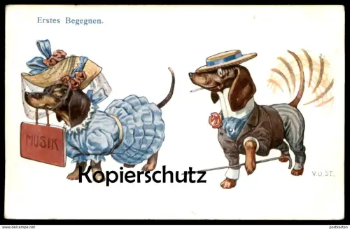 ALTE POSTKARTE DACKEL VERMENSCHLICHT ERSTES BEGEGNEN Hund Dachshund Teckel dog marriage chien postcard cpa AK