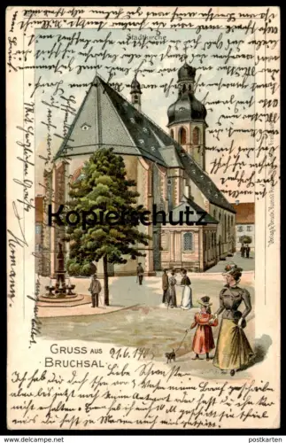 ALTE LITHO POSTKARTE GRUSS AUS BRUCHSAL STADTKIRCHE 1903 church église Frau Hut Hund Kind Ansichtskarte AK postcard cpa