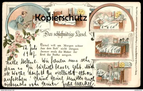 ALTE LITHO POSTKARTE SCHLAFMÜTZIGE LIESEL WIRD VON FEUERWEHR GEWECKT MOND SONNE VERMENSCHLICHT pompiers fire brigade