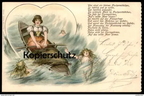 ALTE LITHO POSTKARTE FISCHERMÄDCHEN NIXE MEERJUNGFRAU Oceaniden mermaid femme 1898 waves Wellen postcard Ansichtskarte