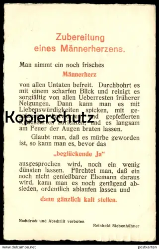 ALTE POSTKARTE ZUBEREITUNG EINES MÄNNERHERZENS REZEPT REINHOLD SIEBENHÜHNER heart recipe recette coer Ansichtskarte