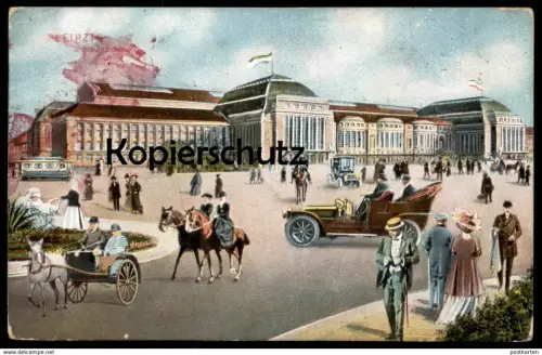 ALTE POSTKARTE LEIPZIG HAUPTBAHNHOF Fotomontage Auto Kutsche montage photo Bahnhof gare station Ansichtskarte postcard