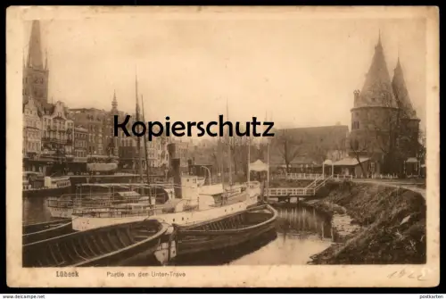 ALTE POSTKARTE LÜBECK PARTIE AN DER UNTER-TRAVE FRACHTSCHIFF DAMPFER cargo ship AK Ansichtskarte postcard cpa