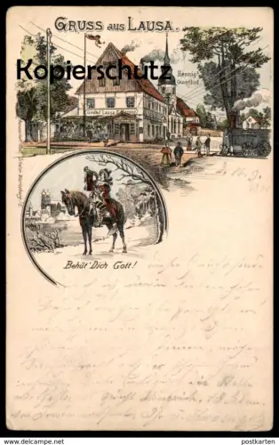 ALTE LITHO POSTKARTE GRUSS AUS LAUSA HENNIG'S GASTHOF DAMPFLOK BEHÜT DICH GOTT TROMPETER WEIXDORF DRESDEN Ansichtskarte