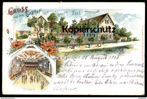 ALTE LITHO POSTKARTE GRUSS AUS DEM GASTHOF ZUM GRÜNEN THAL STÖCKEN LANGENBERNSDORF Trünzig Crimmitschau Ansichtskarte