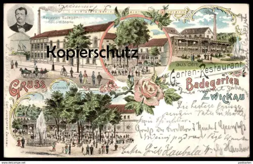ALTE LITHO POSTKARTE GRUSS AUS DEM GARTEN-RESTAURANT BADEGARTEN ZWICKAU E. STARKE SIGN. PFARRER GROHMANN Anischtskarte