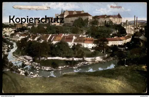 ALTE POSTKARTE BAUTZEN IN SACHSEN TOTALANSICHT MIT ZEPPELIN airship dirigible Ansichtskarte postcard cpa AK
