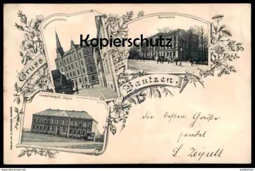 ALTE POSTKARTE GRUSS AUS BAUTZEN 1901 KNABENBÜRGERSCHULE GYMNASIUM LANDWIRTSCHAFTLICHE SCHULE Sachsen Ansichtskarte AK