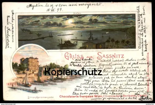 ALTE LITHO POSTKARTE GRUSS AUS SASSNITZ INSEL RÜGEN Strandpromenade Hafen Chocolaterie francaise Wien Ansichtskarte AK