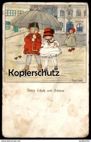 ALTE KÜNSTLER POSTKARTE PAULI EBNER UNTER SCHUTZ UND SCHIRM REGENSCHIRM parpluie umbrella Kind Kinder Ansichtskarte AK