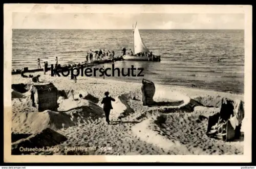 ALTE POSTKARTE OSTSEEBAD-ZINGST BOOTSSTEG MIT SEGLER DARSS STRANDLEBEN STRANDKORB Ansichtskarte postcard cpa AK