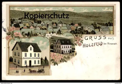 ALTE LITHO POSTKARTE GRUSS AUS HOLZFELD BEI HIRZENACH SCHULHAUS GASTWIRTSCHAFT VON ANTON KARBACH BOPPARD cpa postcard AK