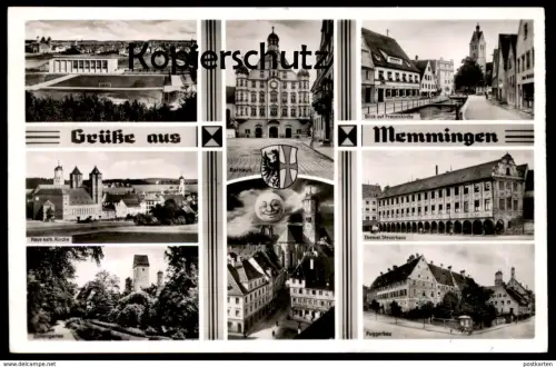 ÄLTERE POSTKARTE GRÜSSE AUS MEMMINGEN Stadion Sportplatz Fuggerbau Steuerhaus Bromsilber-Karte Ansichtskarte postcard AK