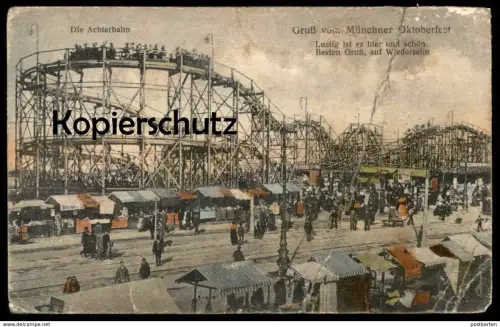 ALTE POSTKARTE MÜNCHEN GRUSS VOM MÜNCHNER OKTOBERFEST DIE ACHTERBAHN roller coaster Lustig ist es hier und schön...