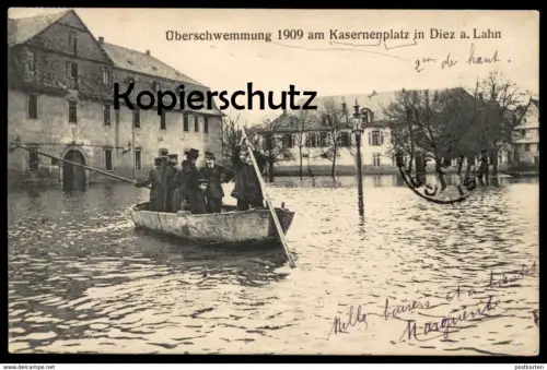 ALTE POSTKARTE DIEZ AN DER LAHN ÜBERSCHWEMMUNG KASERNENPLATZ 1909 Flut Flood inondation Ansichtskarte cpa postcard