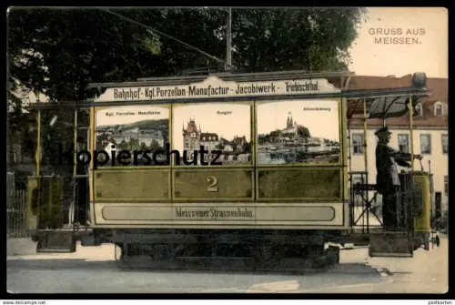 ALTE POSTKARTE GRUSS AUS MEISSEN IN SACHSEN MEISSENER STRASSENBAHN JACOBIWERK BAHNHOF Ansichtskarte cpa postcard AK