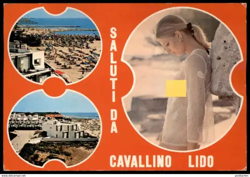 POSTKARTE SALUTI DA CAVALLINO LIDO SEMI-NACKTE FRAU Brust seins nus nude breast woman girl FKK nue cpa Ansichtskarte AK