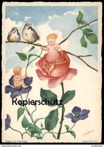 ALTE KÜNSTLER POSTKARTE KINDER VERMENSCHLICHT ROSE UND KLEMATIS SPIEL MIT MIR PROFESSOR STRÄTER Ansichtskarte AK cpa