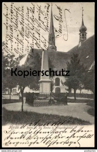 ALTE POSTKARTE HEIDE PARTIE AN DER KIRCHE MIT KRIEGERDENKMAL Denkmal Holstein Dithmarschen Ansichtskarte AK postcard cpa