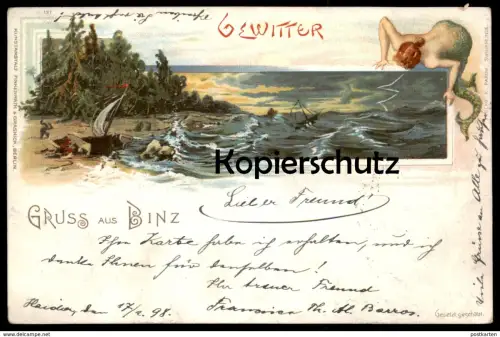 ALTE LITHO POSTKARTE GRUSS AUS BINZ 1898 RÜGEN NIXE MEERJUNGFRAU GEWITTER Oceaniden thunderstorm storm mermaid orage