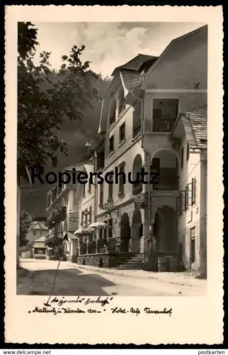 ALTE POSTKARTE MALLNITZ IN KÄRNTEN HOTEL CAFE TAUERNHOF MIT TANSTELLE BLECHSCHILD SPHINX BENZIN MOBILOIL GÖSSER postcard