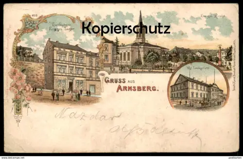 ALTE LITHO POSTKARTE GRUSS AUS ARNSBERG HAMBURGER ENGROS WILH. LOHMEYER LAGER KGL. LANDGERICHT Ansichtskarte AK postcard