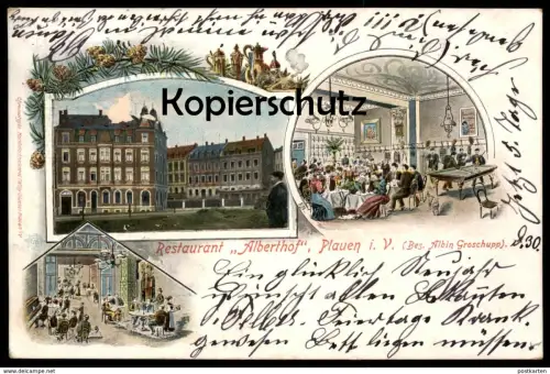 ALTE LITHO POSTKARTE RESTAURANT ALBERTHOF PLAUEN IM VOGTLAND BESITZER ALBIN GROSCHUPP Billard billiard Ansichtskarte AK