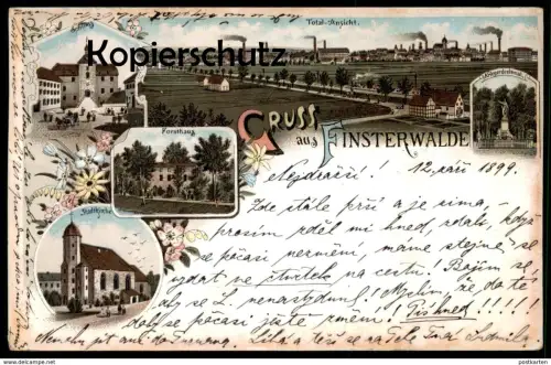 ALTE LITHO POSTKARTE GRUSS AUS FINSTERWALDE 1899 FORSTHANG SCHLOSS TOTAL-ANSICHT STADTKIRCHE Ansichtskarte postcard cpa