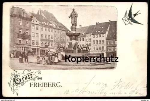 ALTE JUGENDSTIL POSTKARTE GRUSS AUS FREIBERG Brunnen Uhlig's Restaurant Denkmal Sachsen cpa postcard Ansichtskarte AK