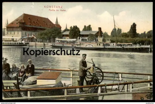 ALTE POSTKARTE KONSTANZ PARTIE IM HAFEN SCHIFFSGLOCKE KAPITÄN STEUER DAMPFER STADT ÜBERLINGEN Schiff ship Ansichtskarte