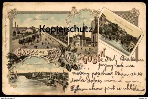 ALTE LITHO POSTKARTE GRUSS AUS GUBEN BAHNHOFSTRASSE THEATER & SCHÜTZENHAUS NEISSEBERGE Ansichtskarte AK postcard