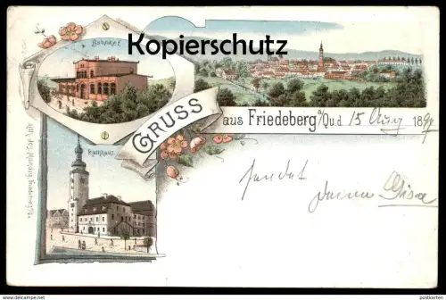 ALTE LITHO POSTKARTE GRUSS AUS FRIEDEBERG QUEIS BAHNHOF RATHHAUS 1897 station gare Mirsk Ansichtskarte cpa postcard AK