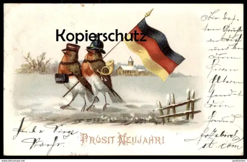 ALTE POSTKARTE PROSIT NEUJAHR ROTKEHLCHEN VERMENSCHLICHT POSTILLON Flagge robin le rouge-gorge Ansichtskarten postcard