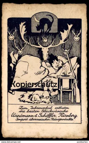ALTE KARTE JÄGER TRAUM KATZE WIEDMANN & SCHÖFFLER NÜRNBERG cat chat hunter Jagd chasseur Ansichtskarte cpa postcard