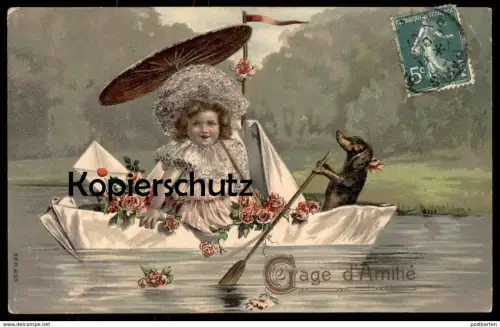 ALTE PRÄGE POSTKARTE DACKEL VERMENSCHLICHT RUDERER GAGE D'AMITIÉ teckel basset dachshund postcard cpa Ansichtskarte AK