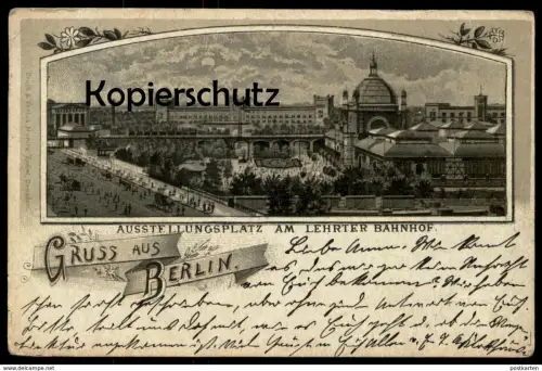 ALTE MONDSCHEIN LITHO POSTKARTE GRUSS AUS BERLIN AUSSTELLUNGSPLATZ AM LEHRTER BAHNHOF Tiergarten Moabit Ansichtskarte