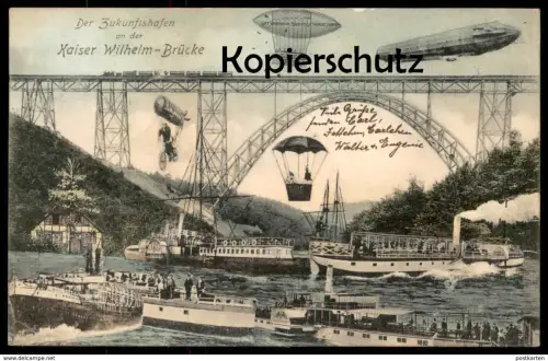 ALTE POSTKARTE REMSCHEID DER ZUKUNFTSHAFEN AN DER KAISER-WILHELM BRÜCKE Zeppelin airship Ballon Zukunftskarte postcard
